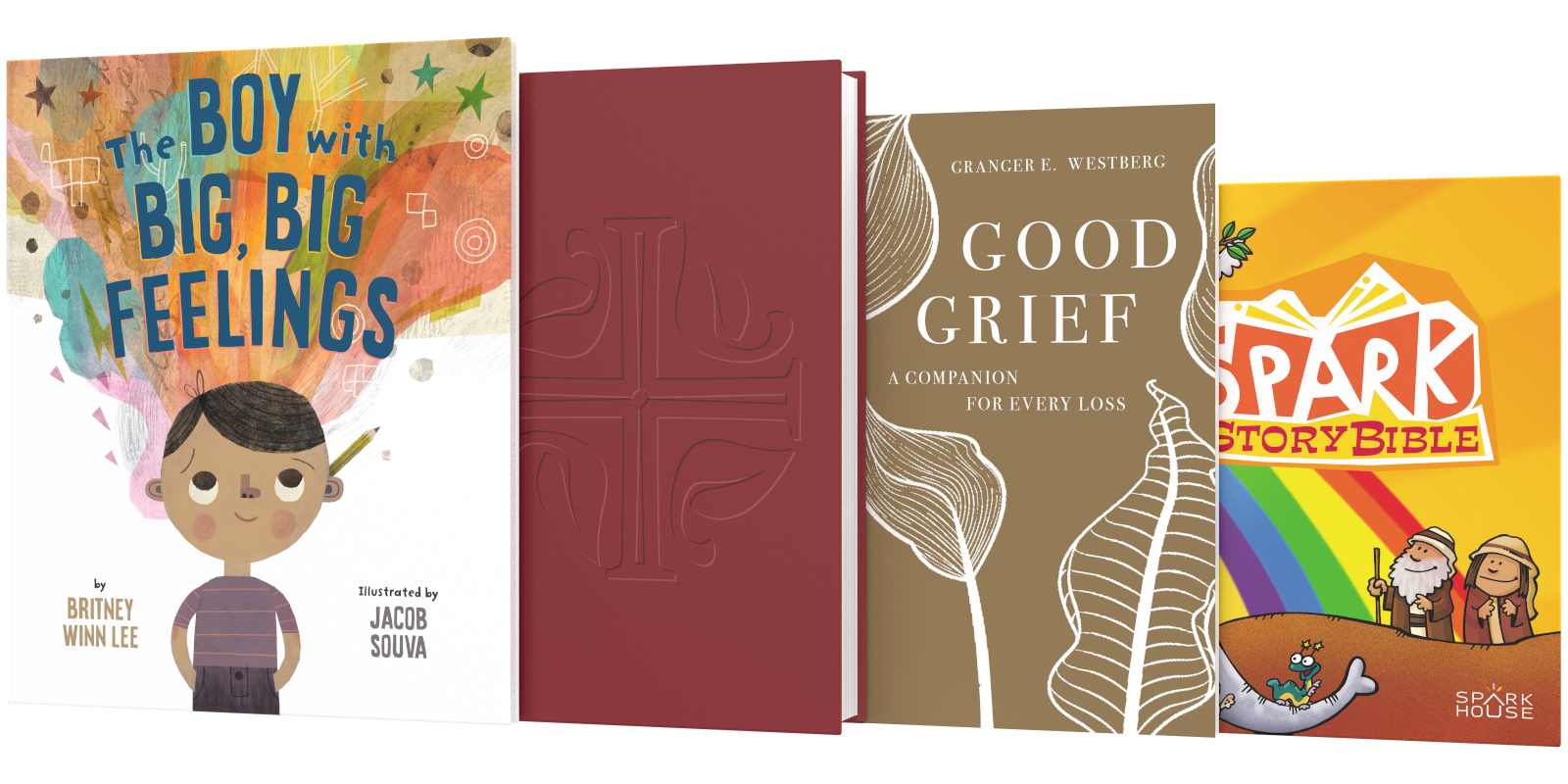 Books displayed - Spark Story Bible, ELW, Good Grief, The Boy With Big, Big Feelings